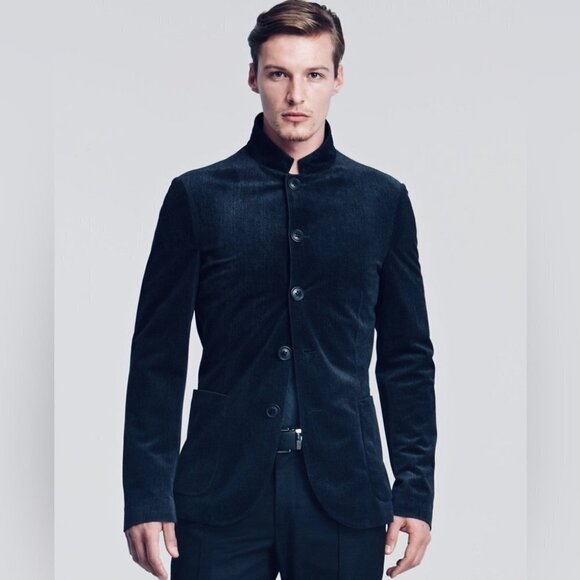** Armani Collezioni Blue Velvet Mandarin Collar Button Front Sport Jacket US XL